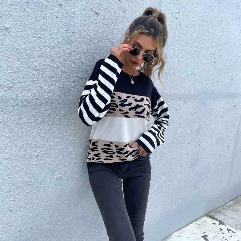 Women Sweater Leopard White and Black Pullover Neck Round