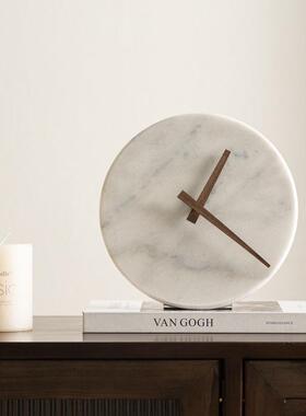 高档爵士白大理石办公室柜子时钟桌面钟表轻奢现代装饰摆件