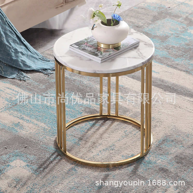不锈钢轻奢茶几 角几沙发边几美式现代镀金飘窗桌休闲 大理石角几
