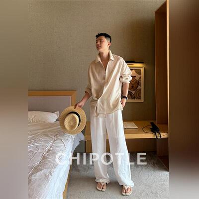 韩国CHIPOTLE老钱风慵懒亚麻长袖衬衫男2026夏季休闲宽松防晒衬衣