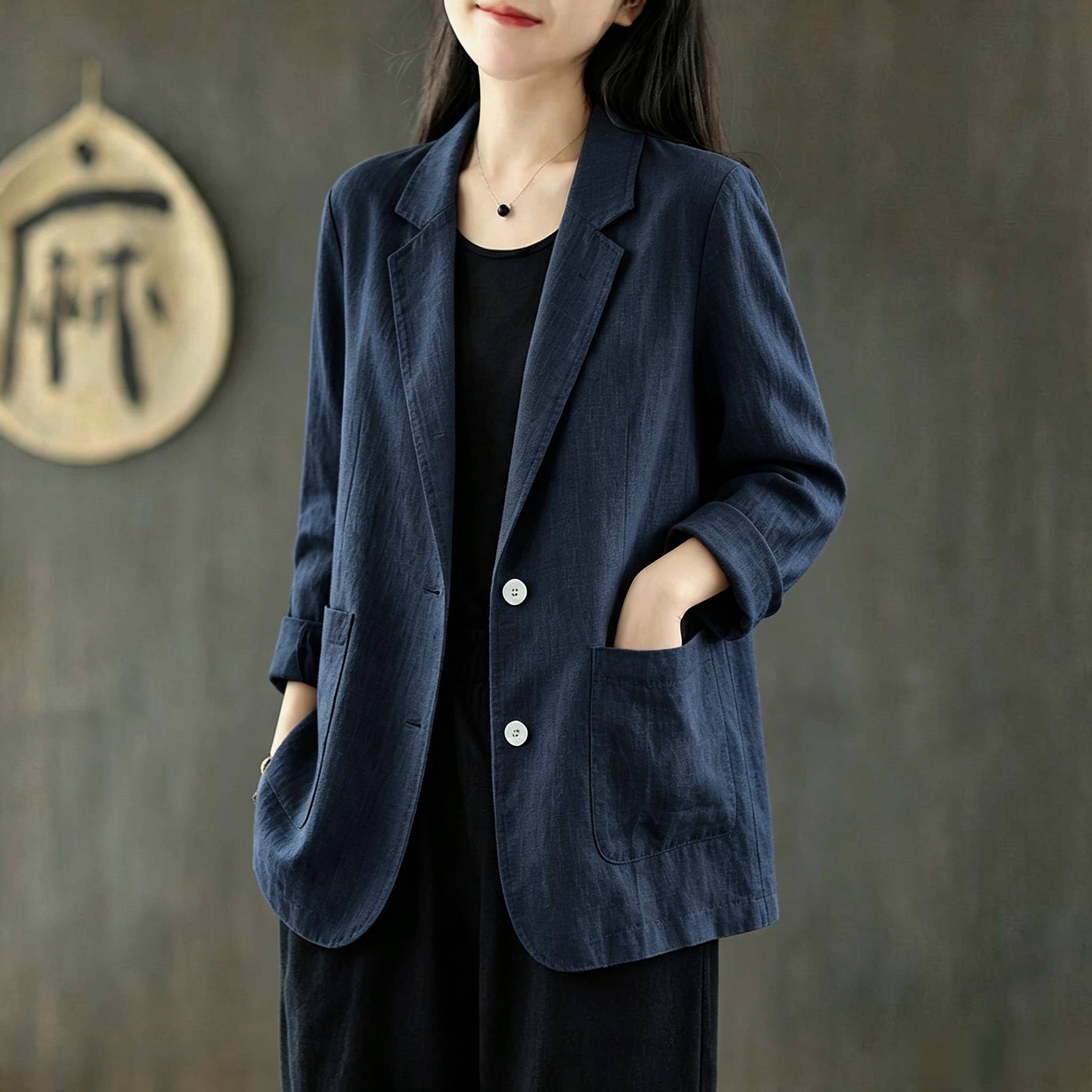 极速春秋文艺范薄款棉麻西装外套女日系宽松显瘦休闲百搭长袖气质