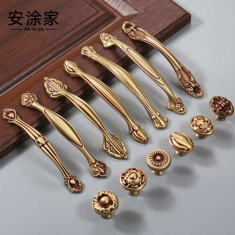 中式复古金色纯铜衣柜门拉手抽屉美式北欧黄铜橱柜门把手全铜欧式