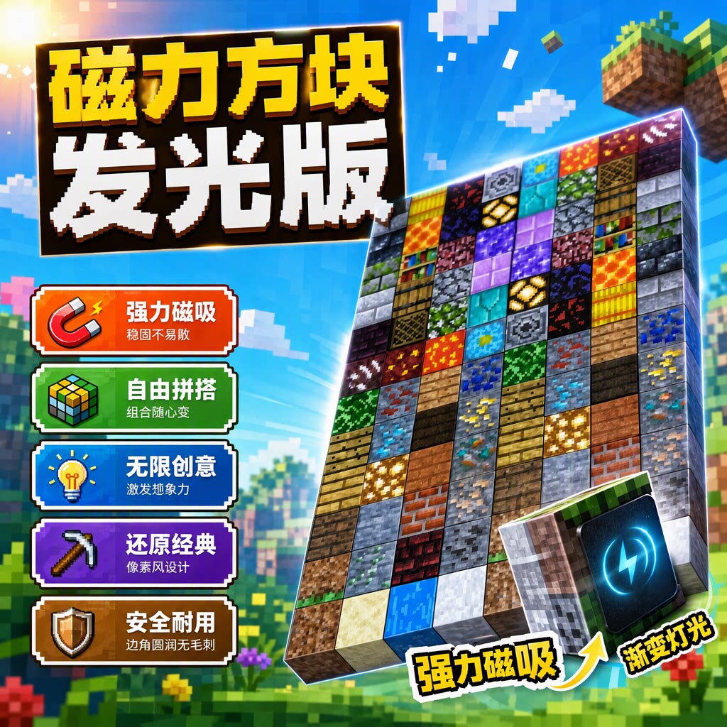 我的世界磁力方块发光版积木2CM大颗粒动物传送门儿童益智盲盒