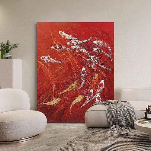 奶油风油画中国红色客厅装饰画九鱼图聚财肌理画玄关抽象锦鲤挂画