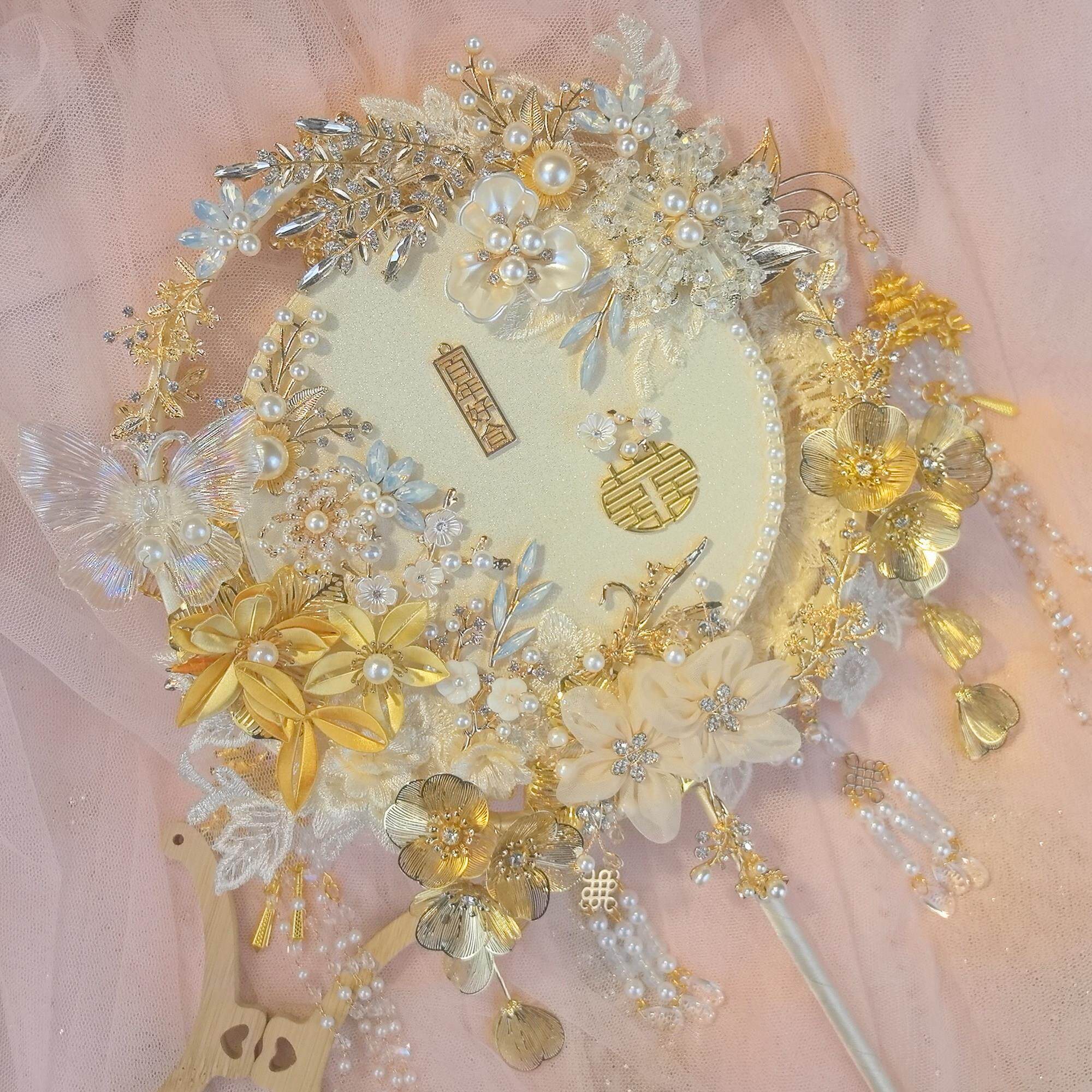 金色团扇蓝色点缀手工材料包diy原创设计结婚新娘高级礼物送闺蜜