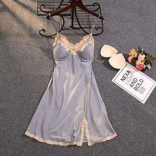 性感吊带冰丝睡衣丝绸蕾丝花边开叉带胸垫家居服 睡裙女春夏薄款