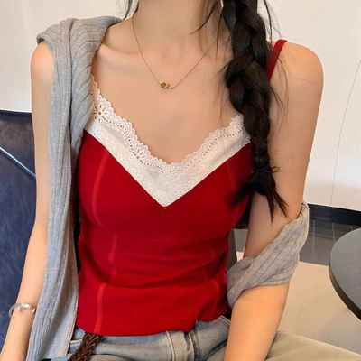 秋冬蕾丝花边绝美红色结婚磨毛保暖背心女打底上衣内搭带胸1223r