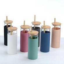 简约高硼硅玻璃竹盖吸管水杯高颜值带硅胶杯套咖啡杯单层logo