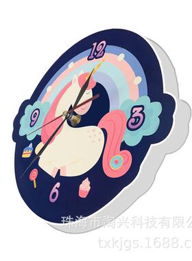LED灯白色外框挂钟可爱独角兽图案时钟儿童房彩虹家居装饰墙钟