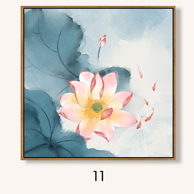 新款荷花花装饰画正方形中式卧厅室挂画客餐壁厅书房莲鲤鱼图卫生图片