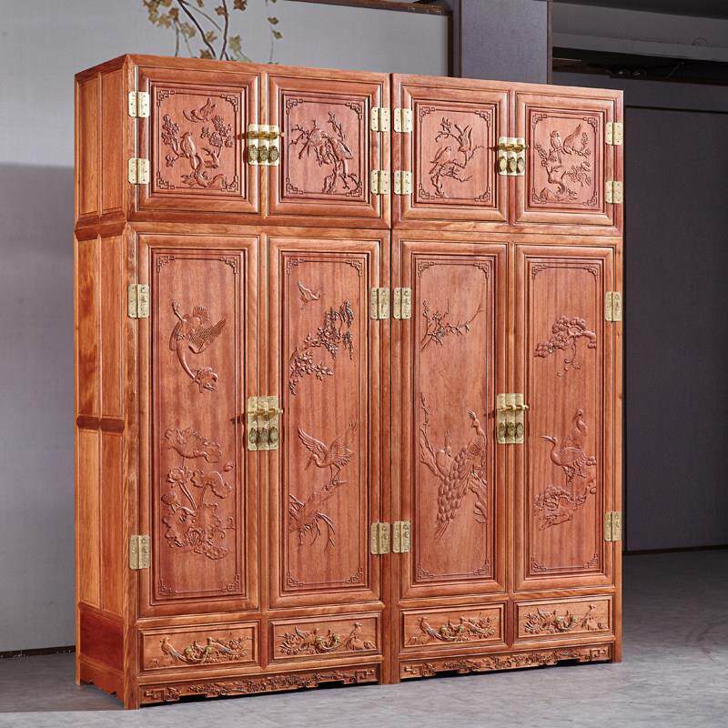 新中式红木衣柜实木中式花梨木家俱衣橱卧室四门古典雕花顶箱柜