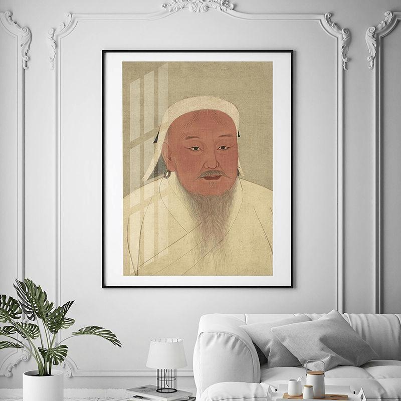 圣祖成吉思汗像清历史名人高档玄关装饰画晶瓷玻璃客厅铝合金挂画