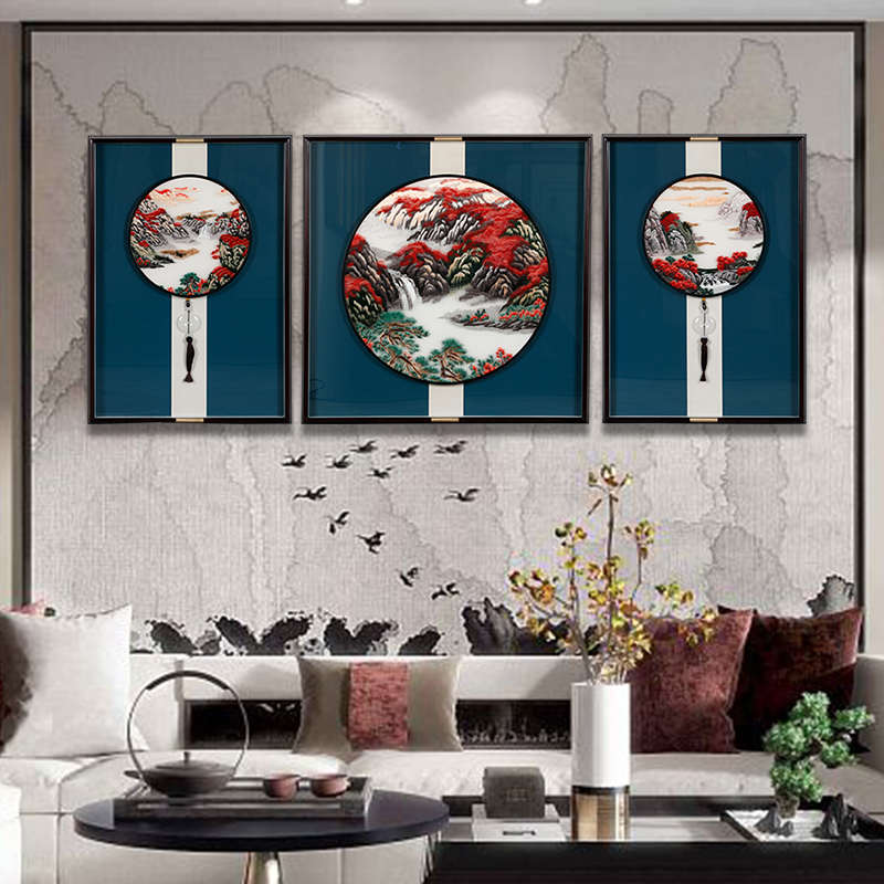 新中式刺绣客厅沙发背景墙装饰挂画餐厅高档大气苏绣三联画简约图片