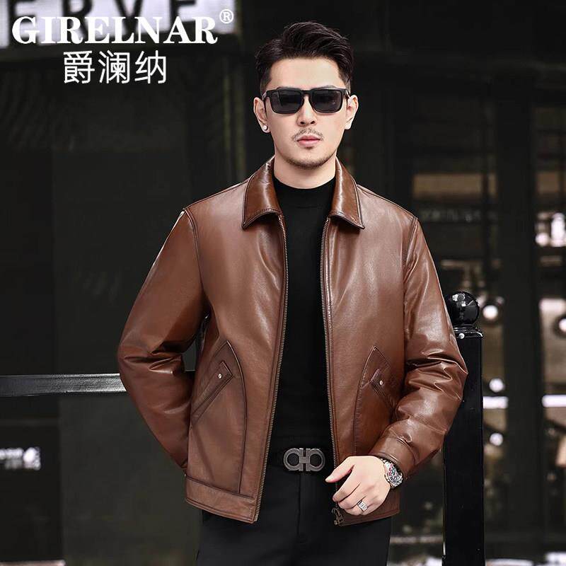 爵澜纳2026真皮皮衣男士头层牛皮翻领白鹅绒羽绒服休闲夹克外套潮