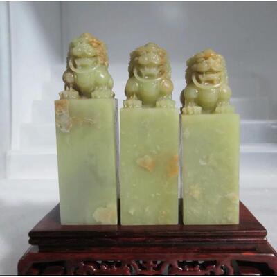 一套3方2.5*2.5*9-8CM封门冻古兽青田石巴林寿山印石章料篆刻印章