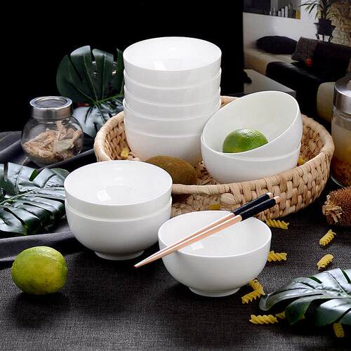 餐具碗10个装 纯白骨瓷碗家用4.5英寸饭碗白色陶瓷碗装泡面 面碗1