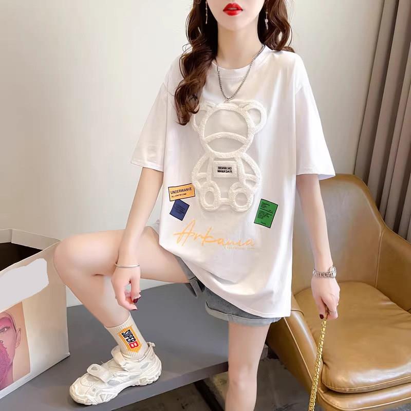 欧洲站纯棉短袖T恤女2025新款夏季设计感显瘦小熊中长版白色上衣