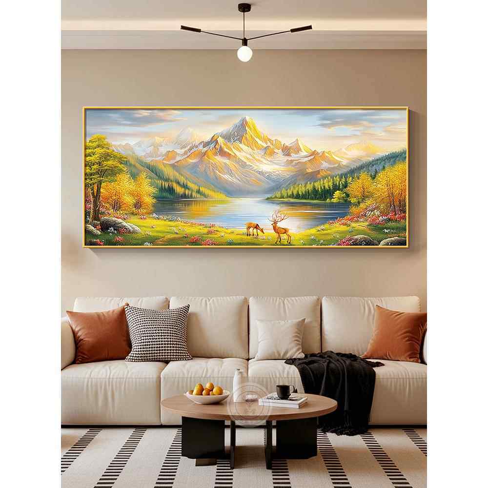 聚宝盆山水画客厅沙发背景墙装饰画轻奢高级感金山挂画西墙聚财图