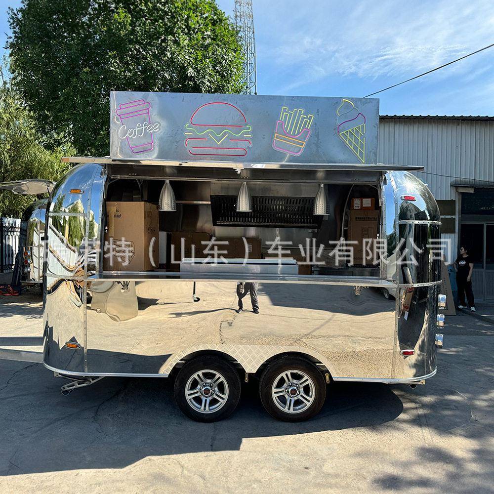 外贸出口镜面不锈钢移动牵引摆摊餐车炸鸡汉堡冰淇淋小吃车