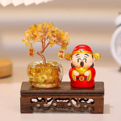 天然粉紫黄水晶发财树财神摆件办公室工位玄关招财树桌面装饰礼物