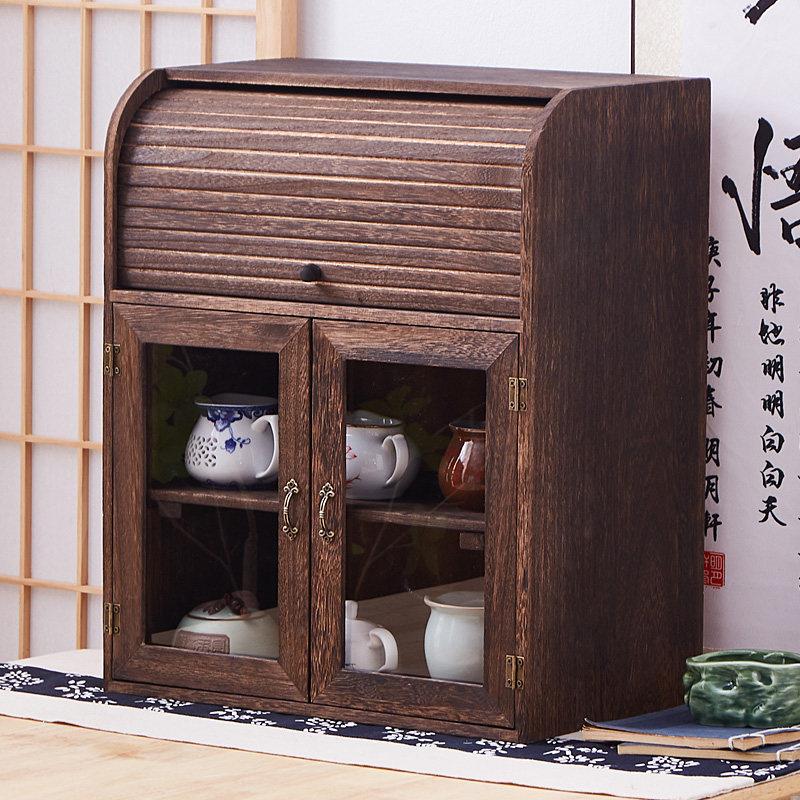 实木双层防尘玻璃桌面茶具茶杯置物架化妆品茶柜茶壶收纳柜博古架