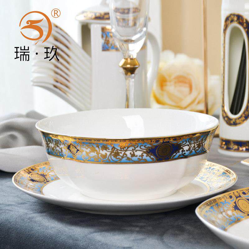 浮雕餐具面 面碗家用中碗欧式6英寸大号骨瓷米饭碗轻奢金边单个汤