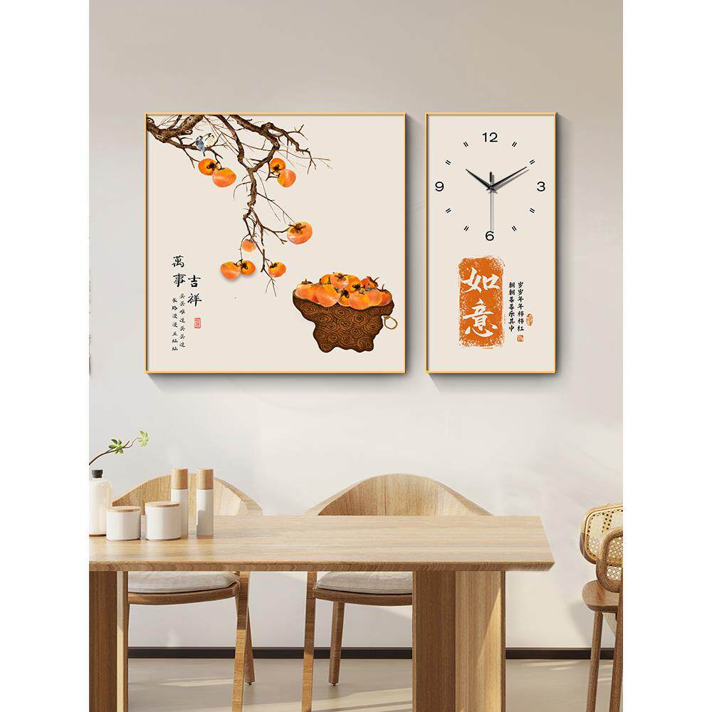 新中式餐厅装饰画厅钟表挂画时钟画寓意好客厅餐桌背景墙壁画