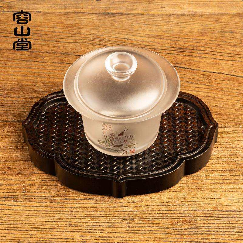 容山堂茗末黑檀木小茶盘整块实木雕刻竹编茶台壶承家用小号干泡台