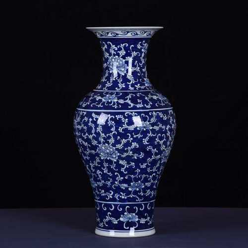 玄关花瓶落地大手绘2022收藏插花装饰品枝青花瓷莲瓷瓶摆件缠仿古