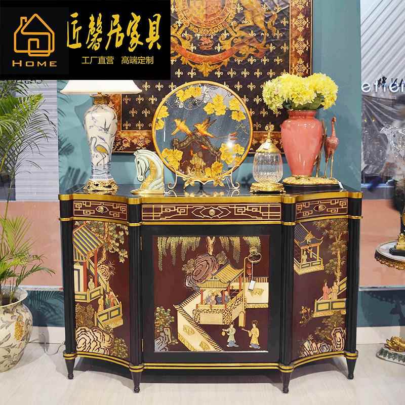 法式奢华客厅家具玄关柜描金黑红色手绘风景储物柜门厅柜家具