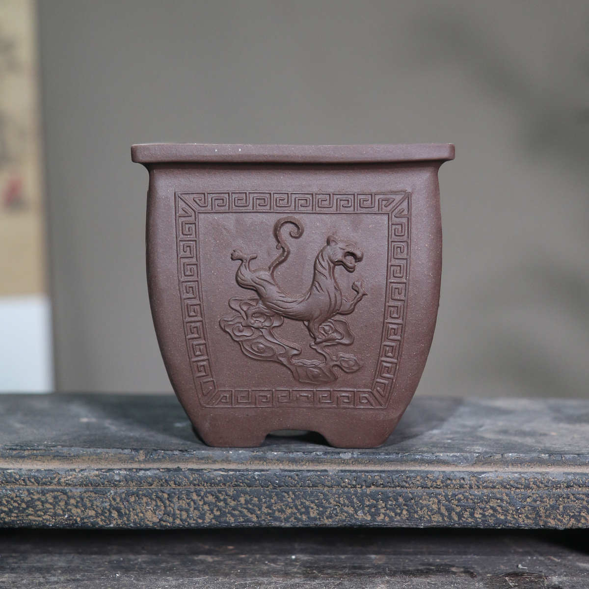 小四大盆乡风花盆陶盆盆景古风盆栽中国紫砂神兽觅菖蒲盆正方形