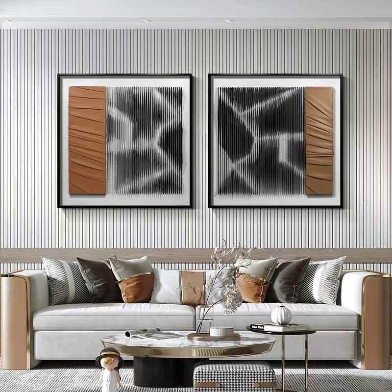 简约现代沙发背景画墙皮革工艺实物画客厅餐厅单联画多联画