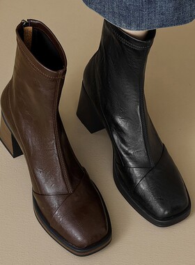 【意大利】René Vanvilla飒美显高粗跟7cm 方头高跟弹力瘦瘦靴