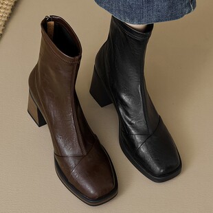 Vanvilla飒美显高粗跟7cm René 方头高跟弹力瘦瘦靴 意大利