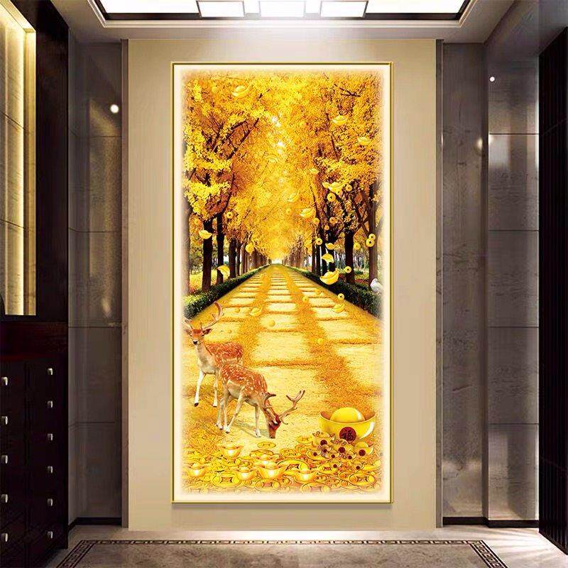现代轻奢走廊过道LED灯画麋鹿壁画入户玄关装饰画发光竖版挂画