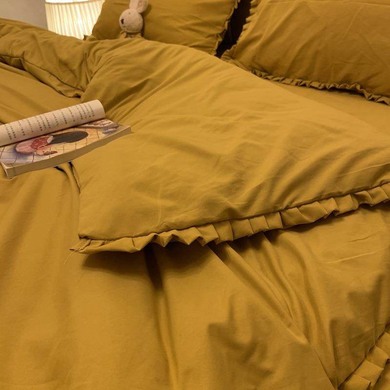 日式姜黄纯色边四花套2m民宿风件简双F96MH55T人床单床约笠被罩宿
