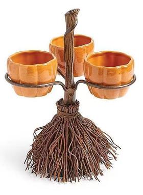 万圣节扫帚南瓜杯盏分离器果盘装饰品摆件树脂南瓜杯扫帚托盘