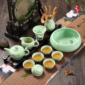 龙泉青瓷功夫茶具套装景德镇陶瓷，手绘鱼茶壶茶杯配件