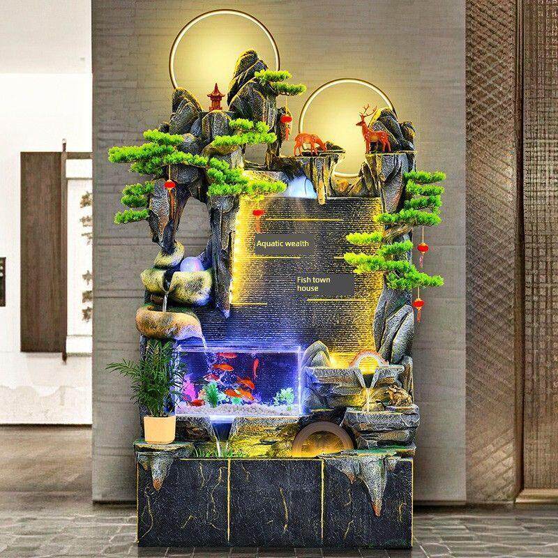 客厅乔迁大型假山流水喷泉风水轮加湿器水幕墙鱼缸客