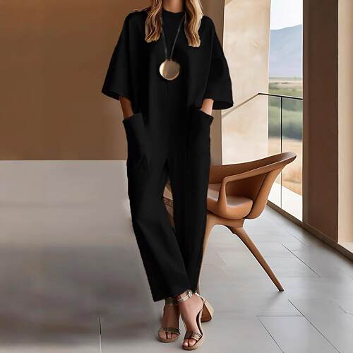 Women's round neck pocket long jumpsuit
