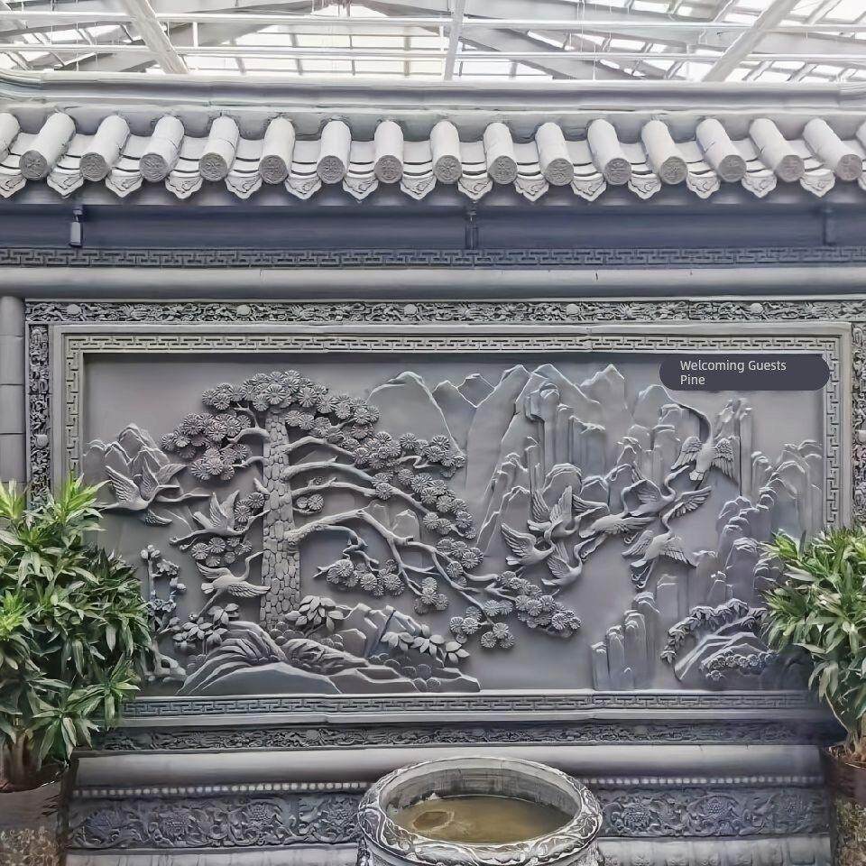 中式彷古大幅砖雕古建影壁庭院迎客松定制百福图花开富贵浮雕装饰