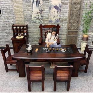 实木功夫茶几家用茶台阳台客厅弧形高级茶桌 老船木茶桌椅组合中式