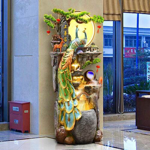 客厅高山流水摆件招财风水轮开业礼品孔雀生财落地假山喷泉循环水