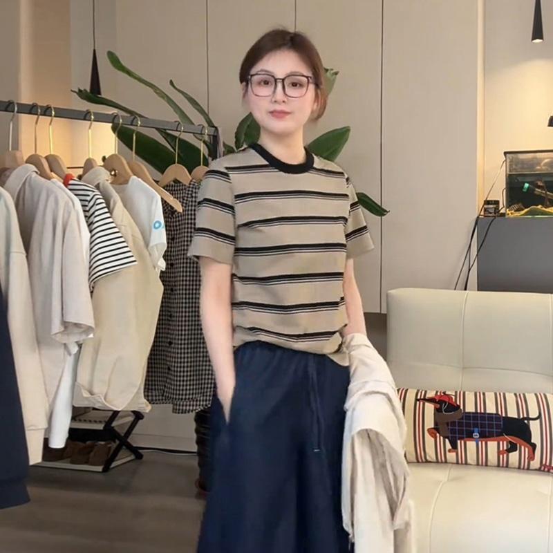新品韩系撞色条纹圆领短袖T恤女春季新款宽松设计感休闲百搭减龄