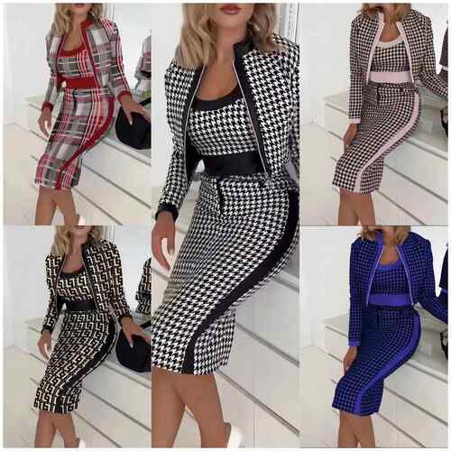 Women's printed long sleeved jacket, vest and skirt in