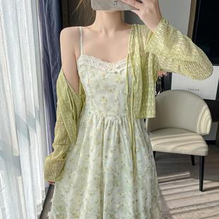 绿色碎花吊带连衣裙女夏法式初恋拼接长裙小个子甜妹刺绣裙子套装