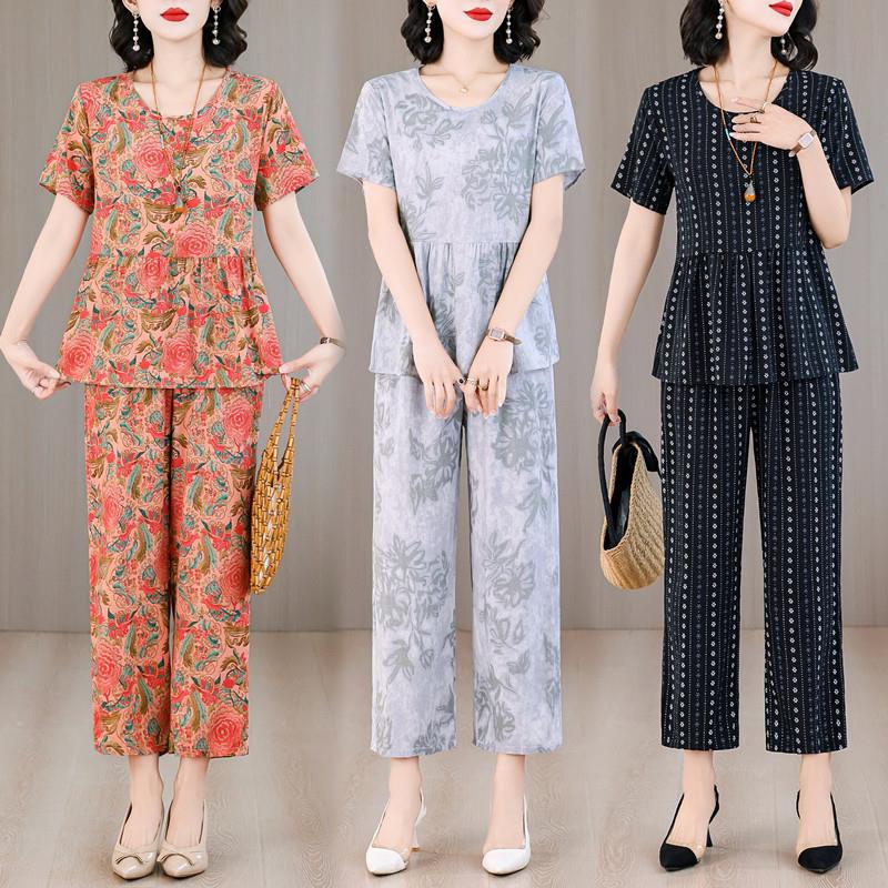 棉绸睡衣套装女夏季端庄大气妈妈休闲人造棉时尚外穿家居服两件套