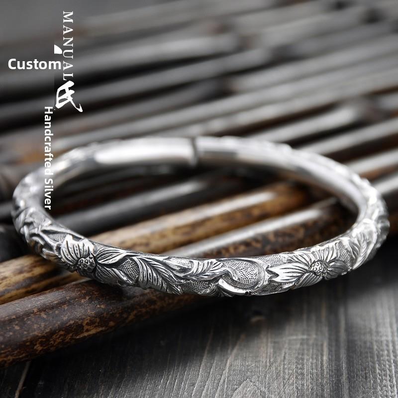 正品民族风99足银纯手云南手雪花银圆工柱满雕莲花银镯个性款女纯