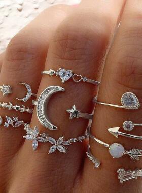Silver Color Crystal Rings Set for Women, Cubic Zirconia Moo