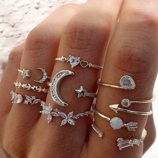 Silver Color Crystal Rings Set for Women, Cubic Zirconia Moo